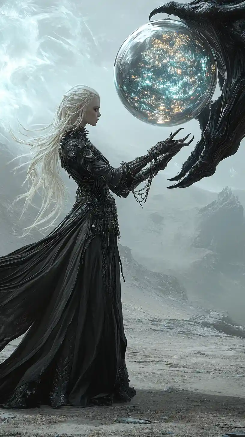 Gothic figure guarding a luminous world in glass