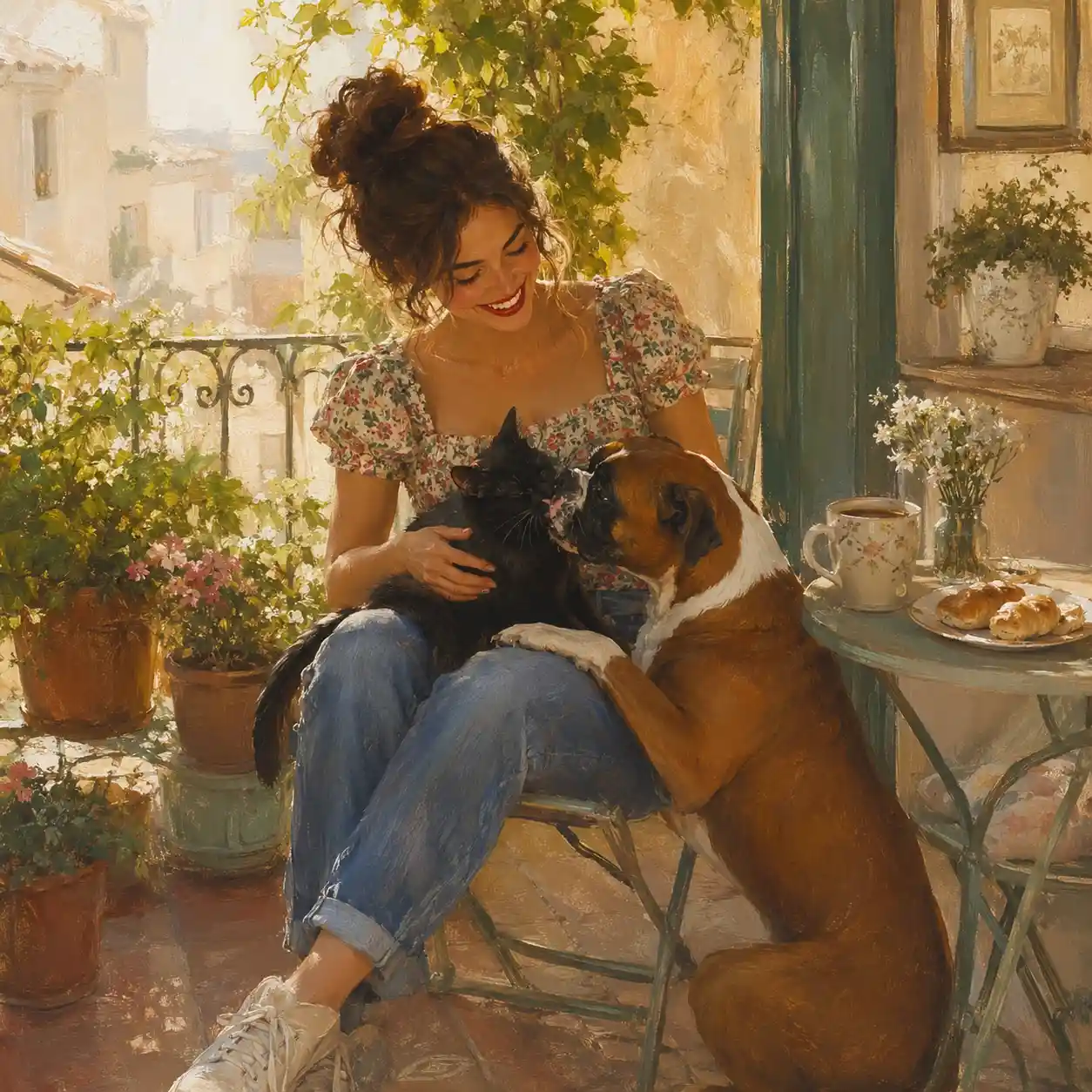 Lächelndes Mädchen mit Katze und Hund auf gemütlicher Hausterrasse