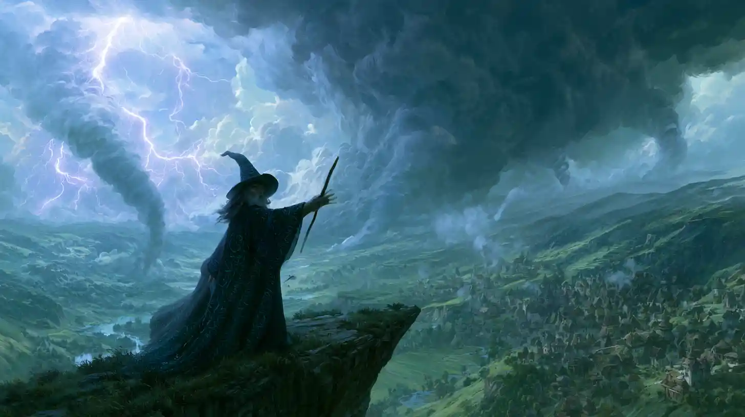 Evil wizard summoning a storm above a valley village