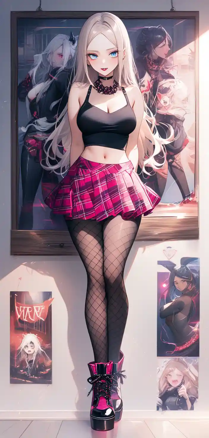 Confident woman with platinum hair in edgy fashion outfit