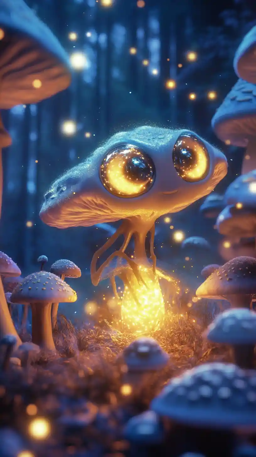Glowing fantasy creature drifting through a giant mushroom forest