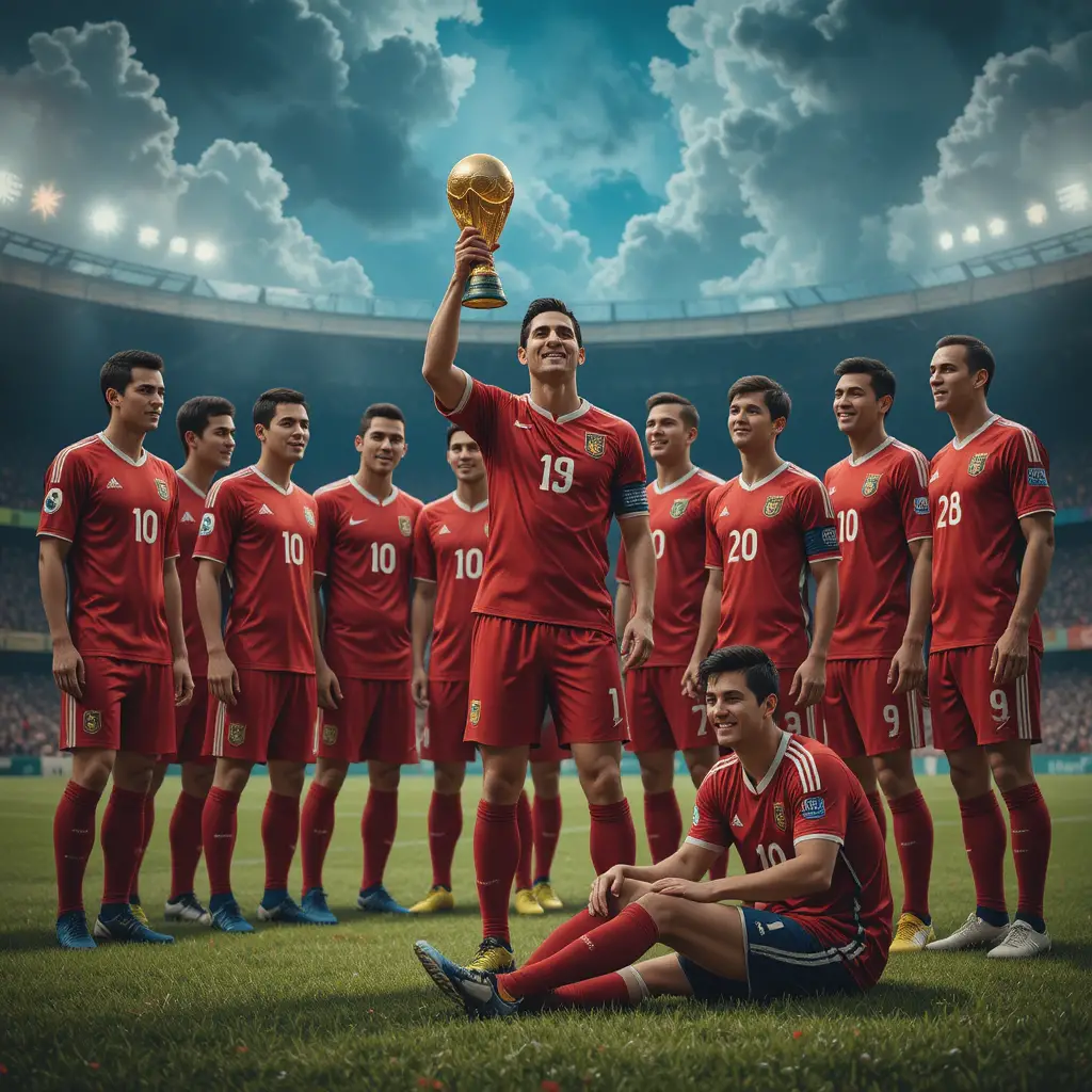 Soccer player lifting world cup trophy on the field