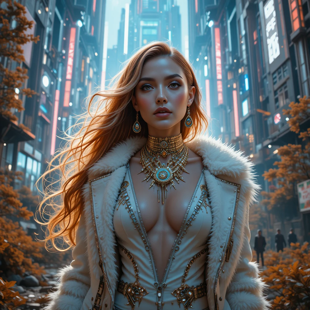 Cinematic close up of red haired woman under autumn night sky