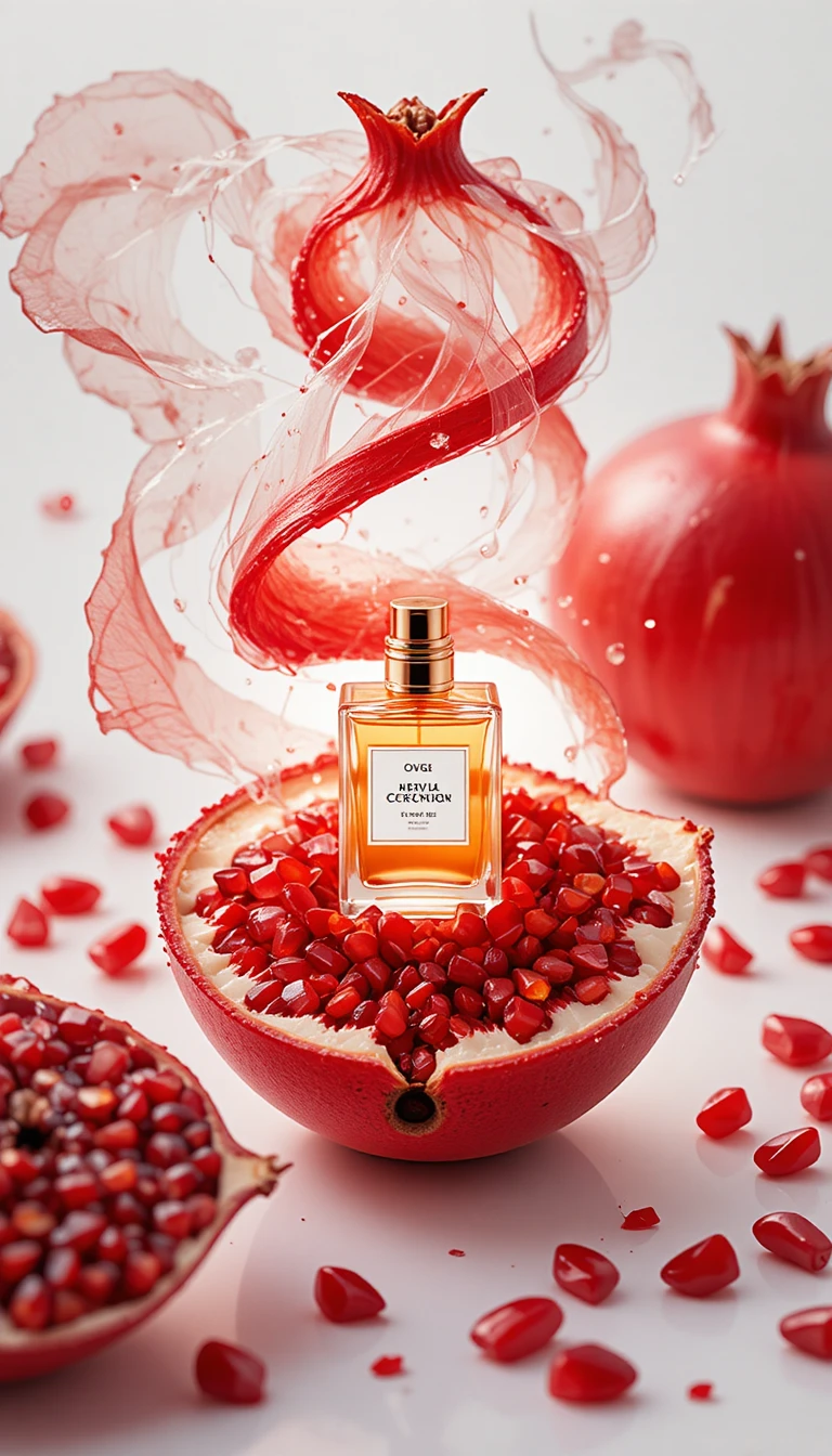 Luxury product on fresh red pomegranate with sculptural peel