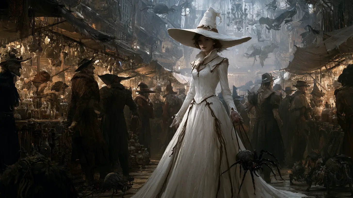 Tall white witch walking through a crowded magic market
