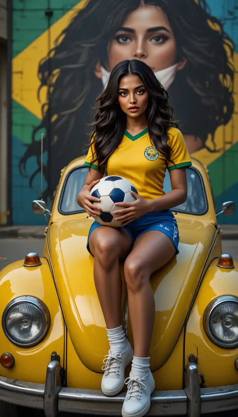 Brazilian street portrait woman with soccer ball on beetle