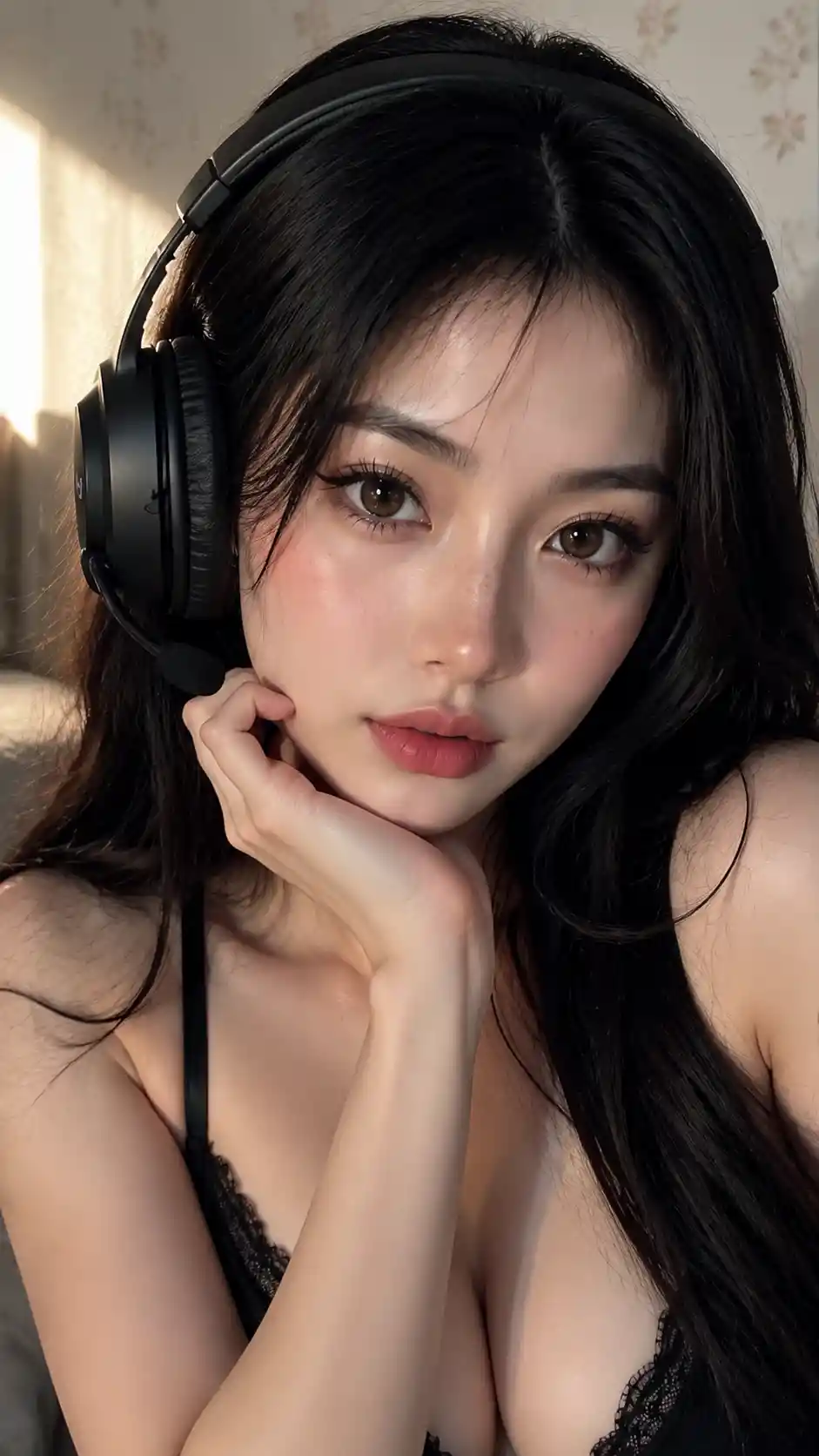 Young woman in headphones in a soft close up portrait