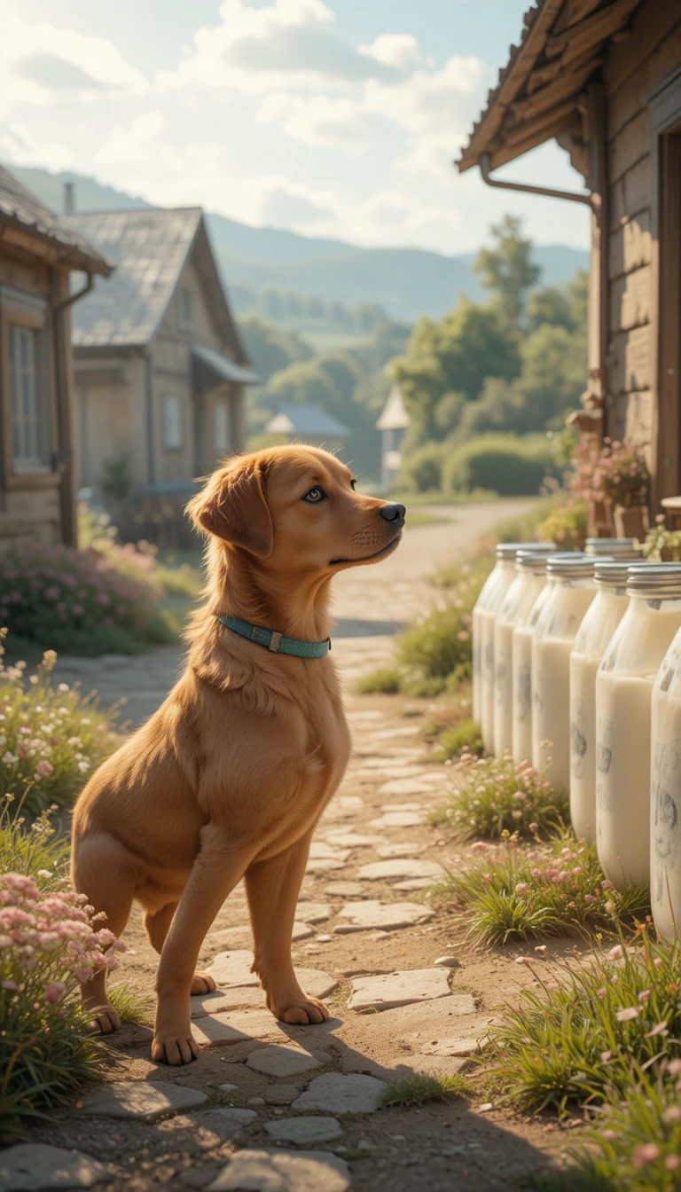 Curious brown dog watching milk cans in a village morning