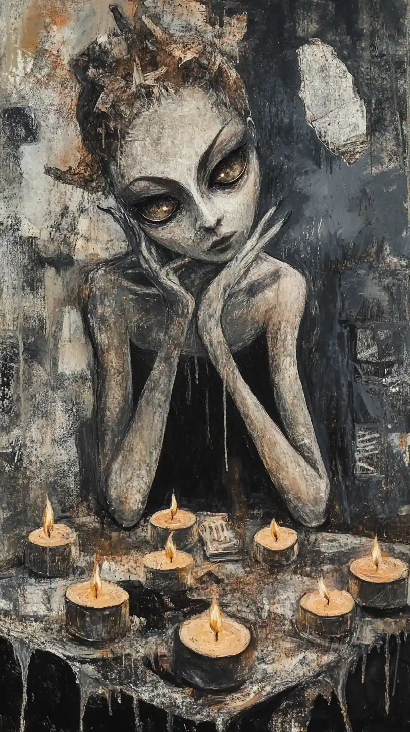 Woman with reflective eyes guarding melting memory candles