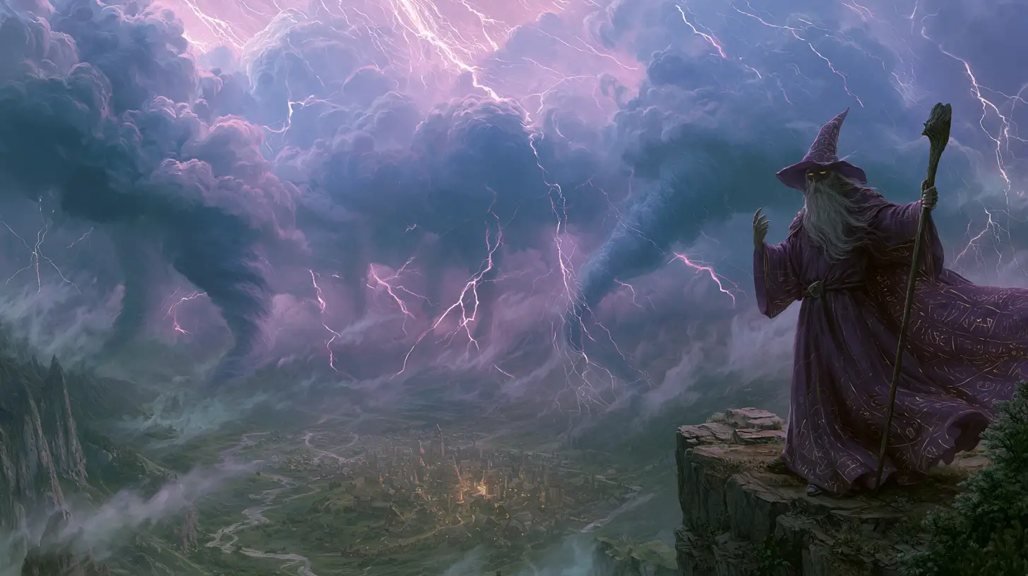 Dark wizard summoning a massive storm above valley