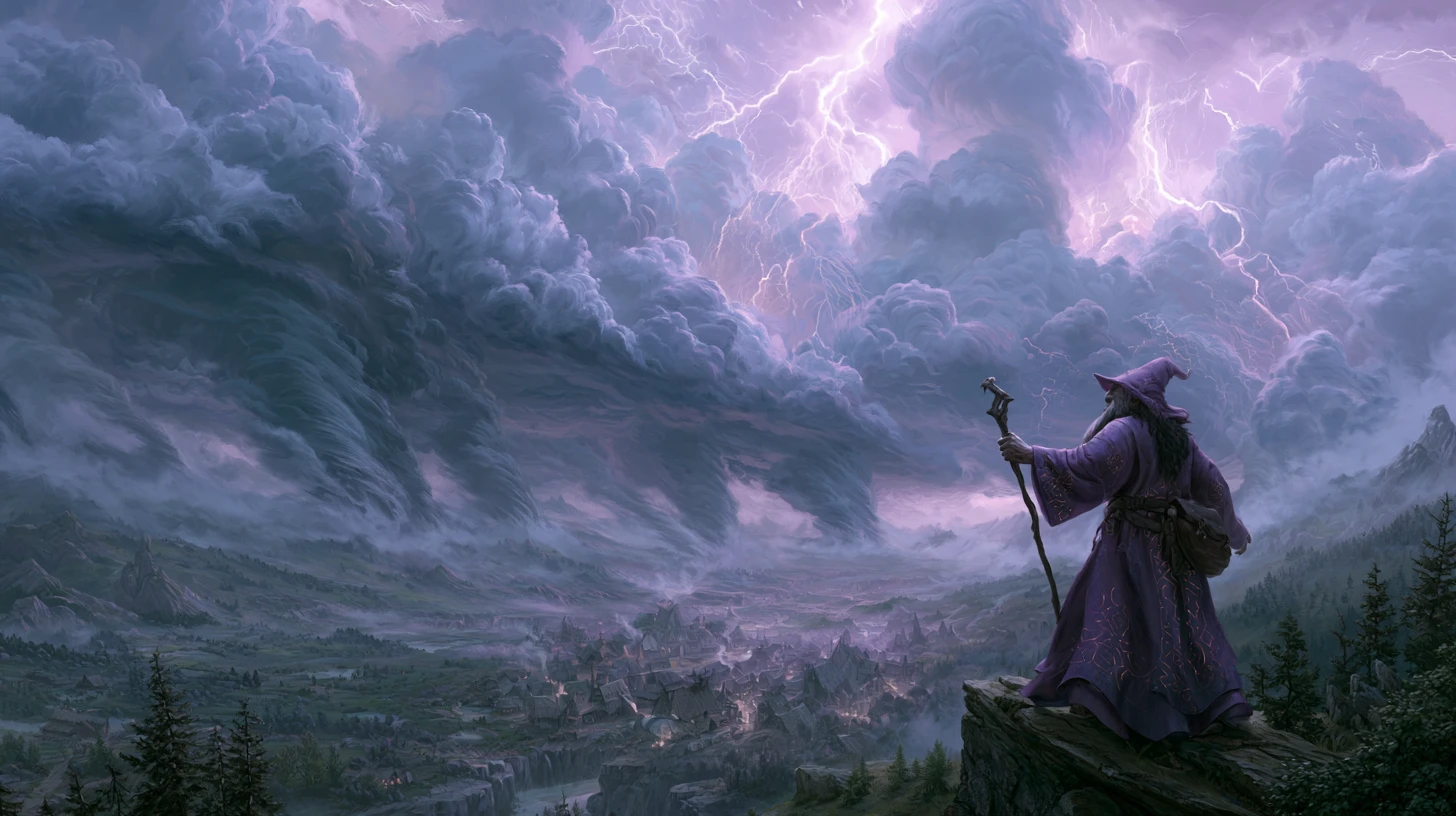 Dark wizard summoning a cataclysmic storm over valley