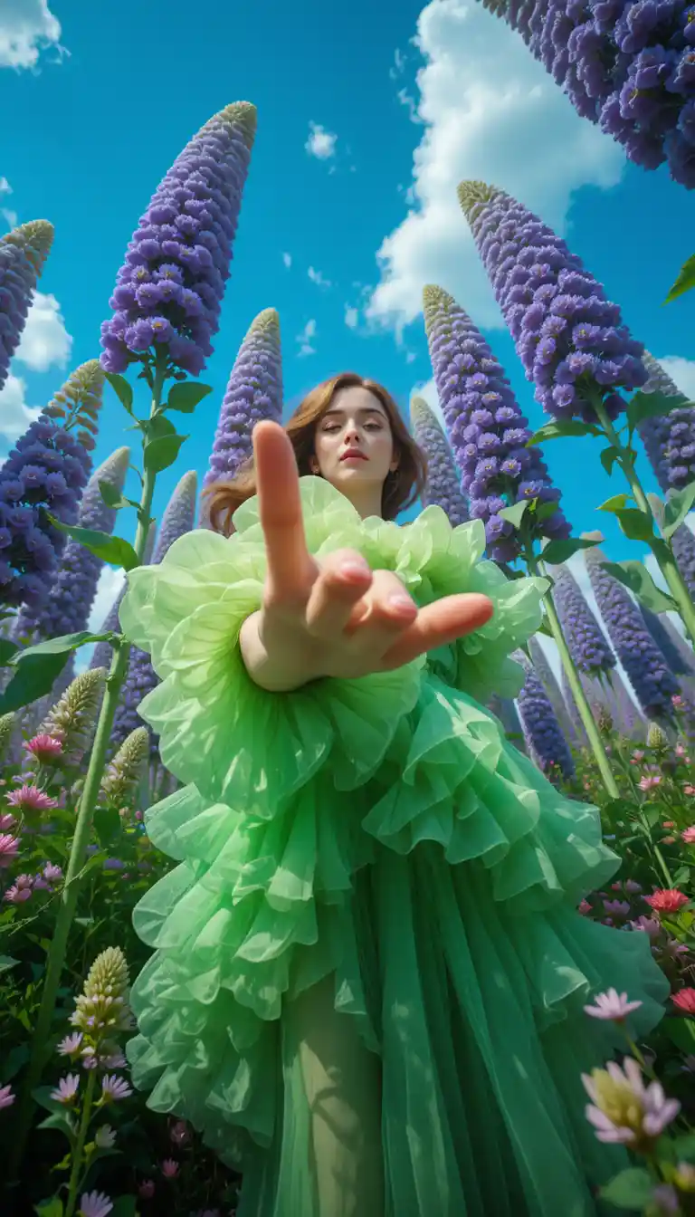Young woman reaching out among towering garden flowers