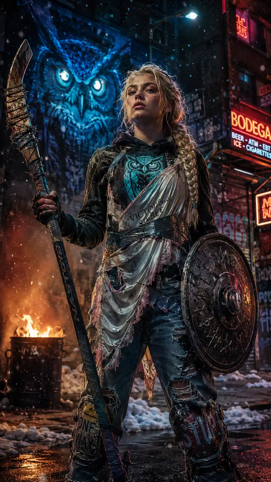 Teen huntress warrior standing in a neon lit city alley