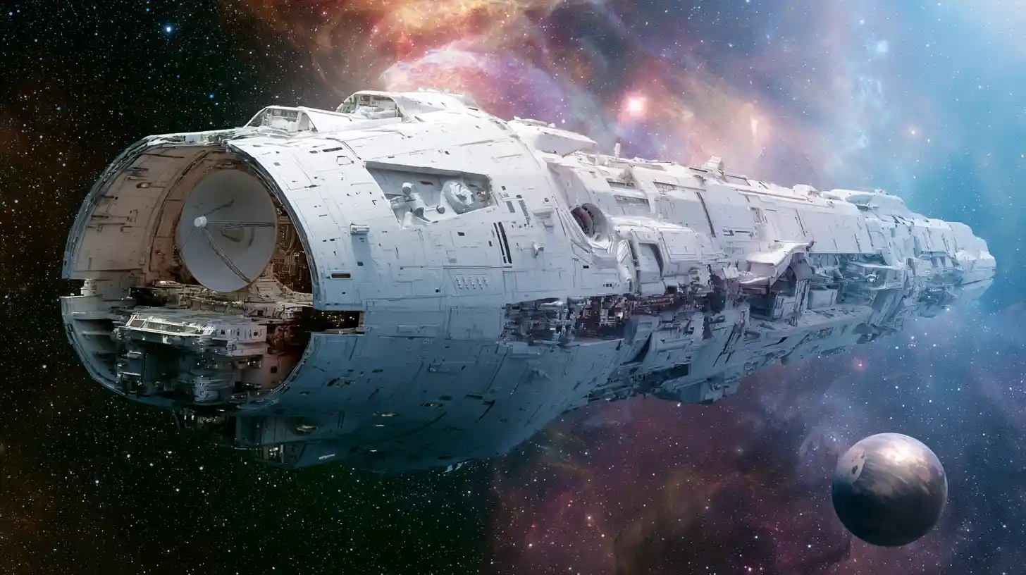 Gigantic white spaceship passing a distant colorful planet