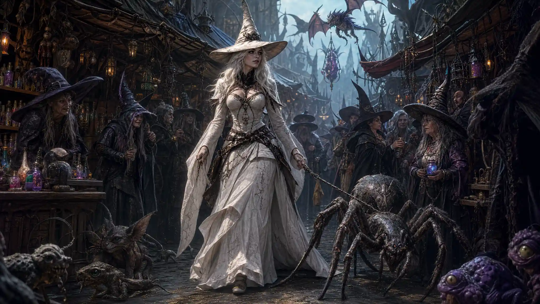 Tall white witch walking through a crowded market