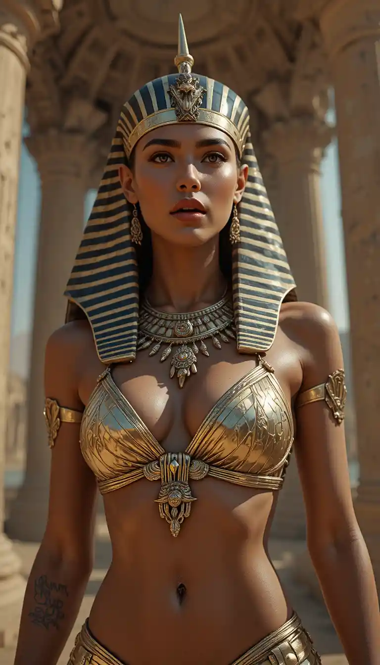 Egyptian queen in gold bikini overlooking her city