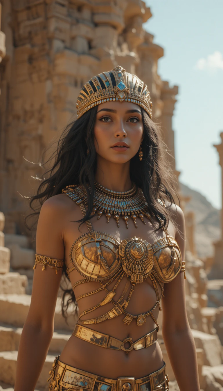 Egyptian queen in gold bikini overlooking her ancient city