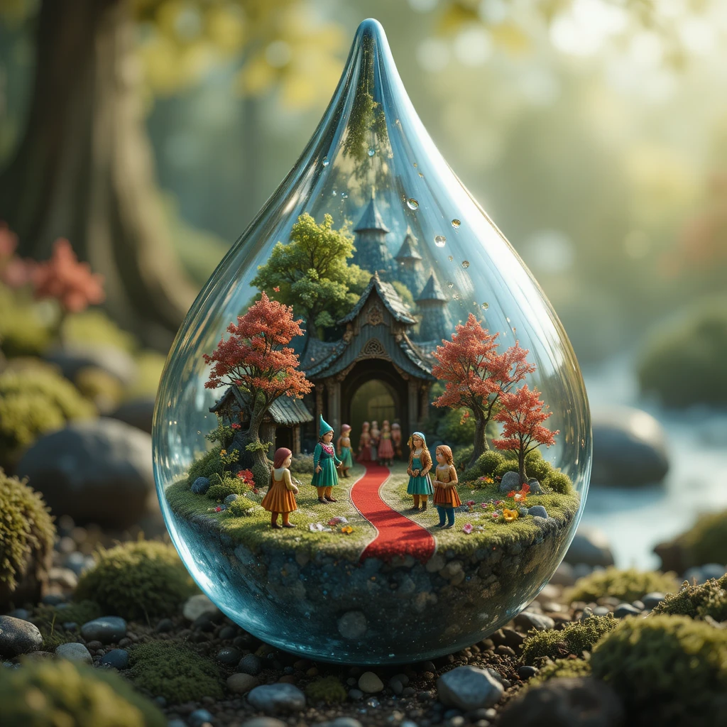 Miniature elf world inside a single water droplet