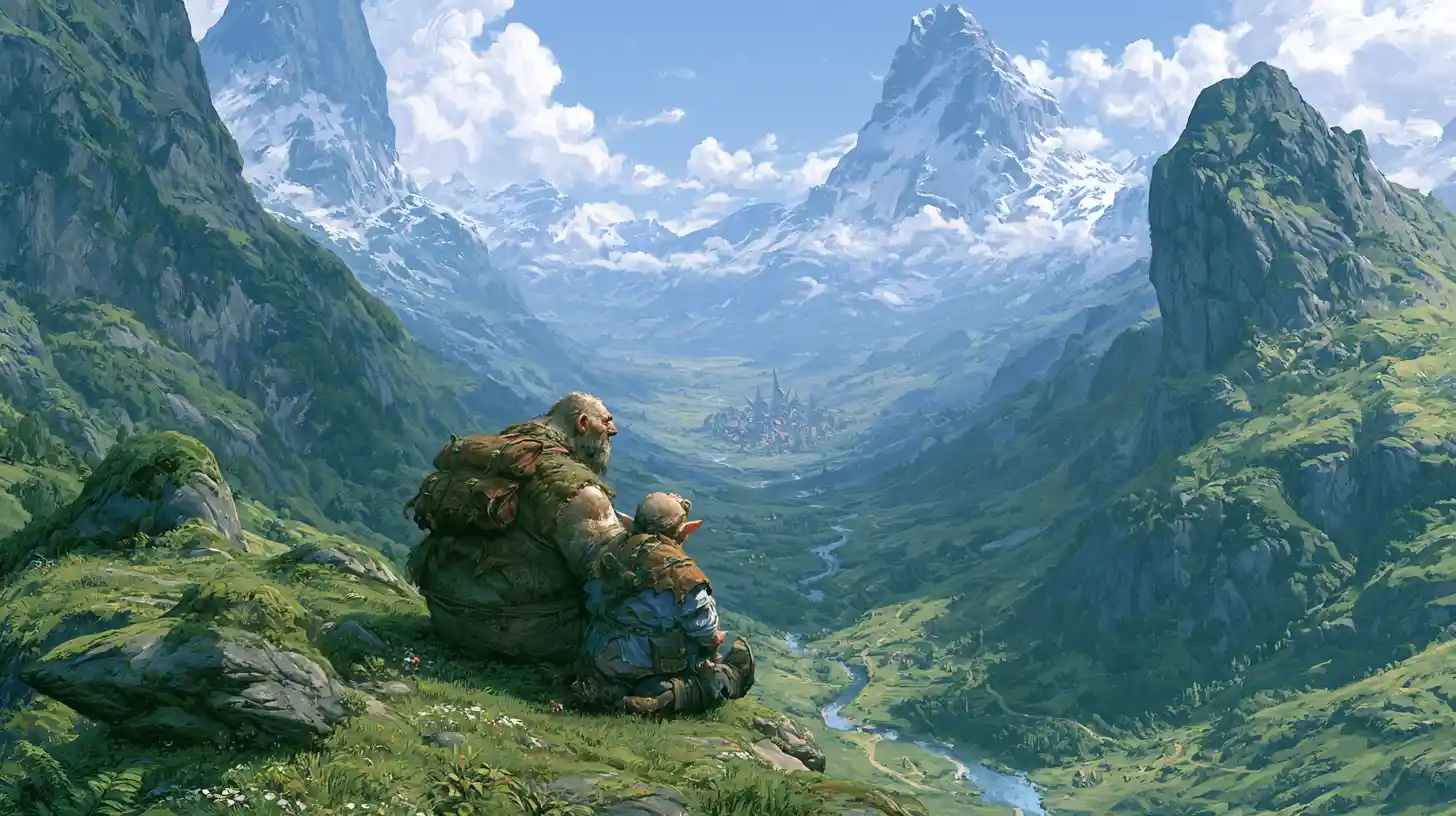 Forest giant and gnome above a vast mountain valley