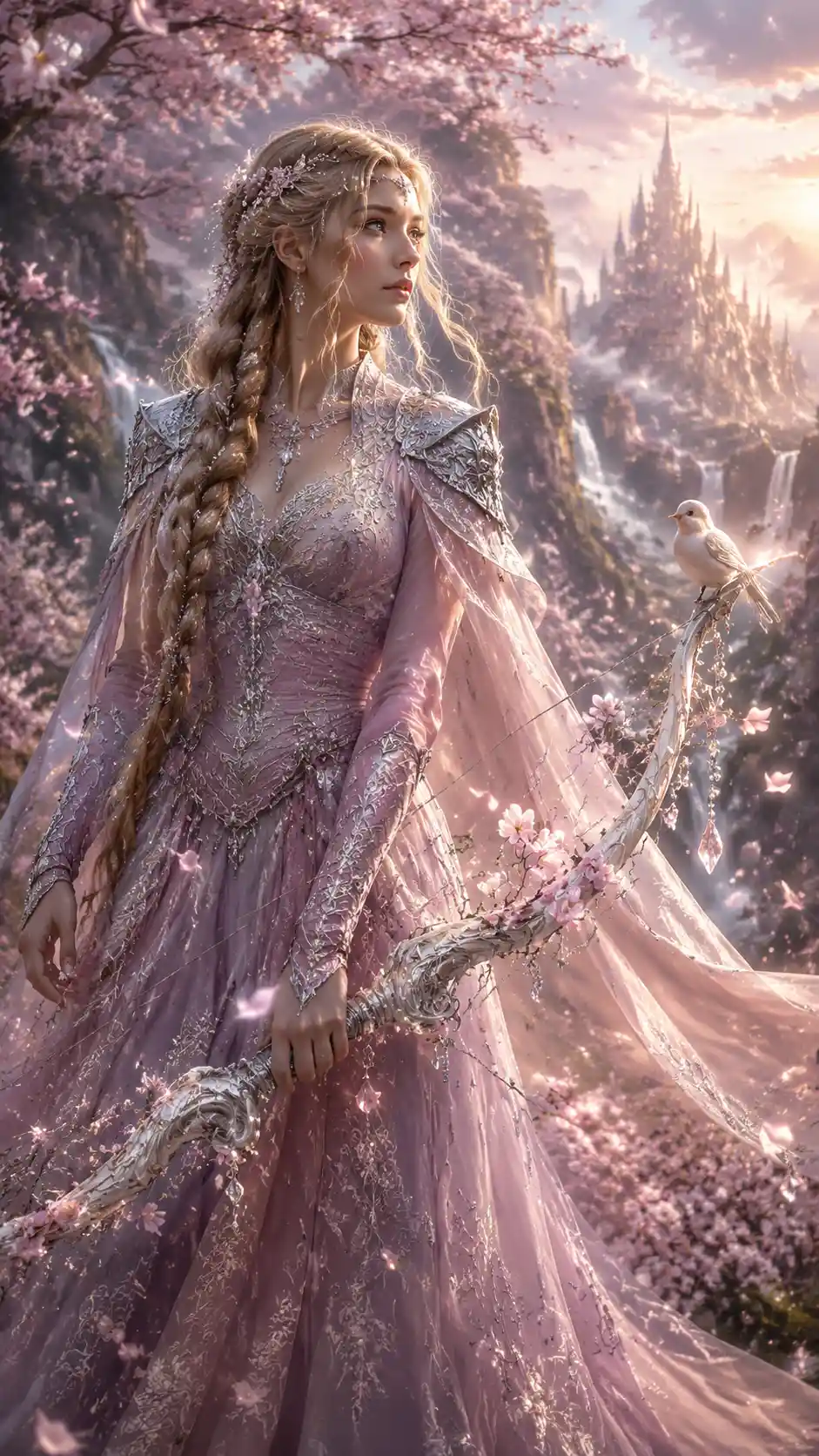 Graceful fantasy archer amid swirling cherry blossoms
