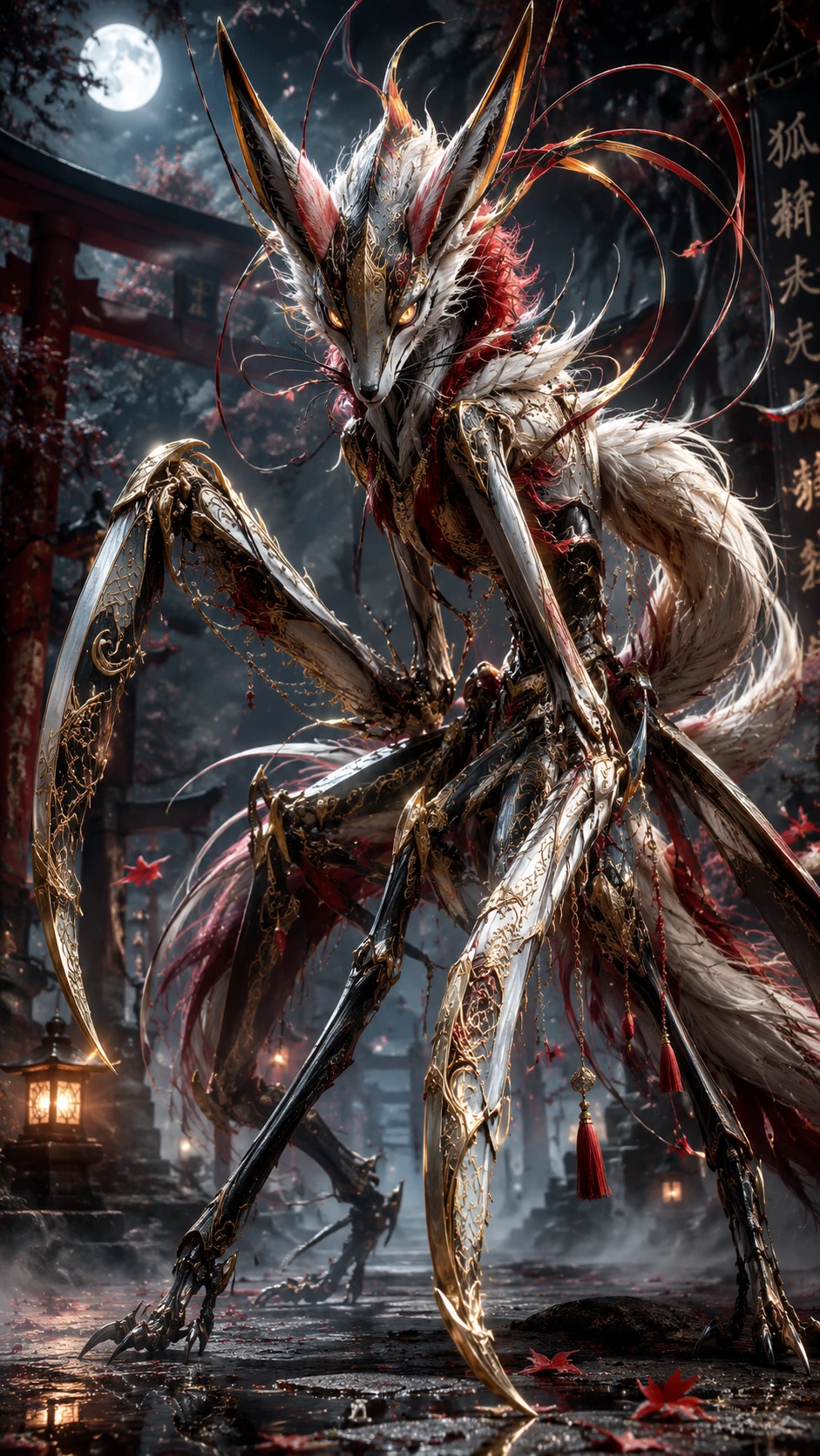 Hybrid mantis fox creature with glowing eyes and gold engravings