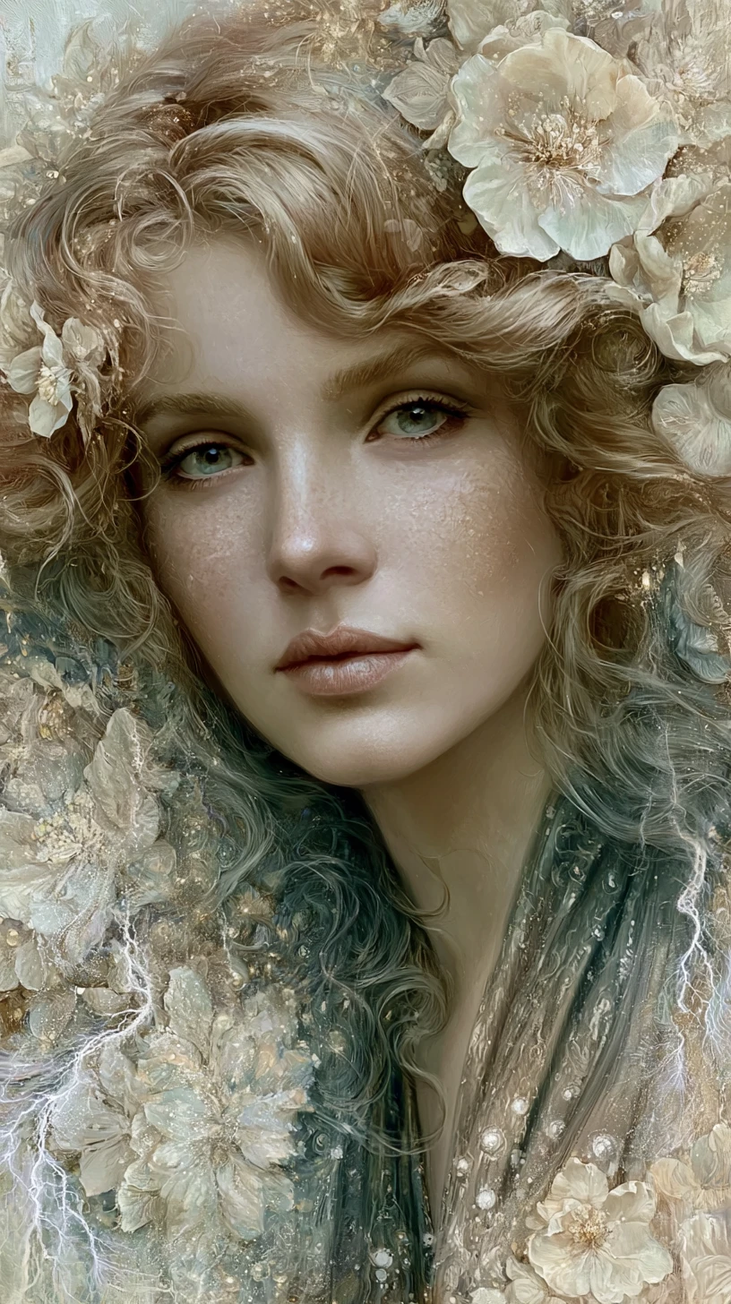 Ethereal princess in glowing fantasy flowers and lightning