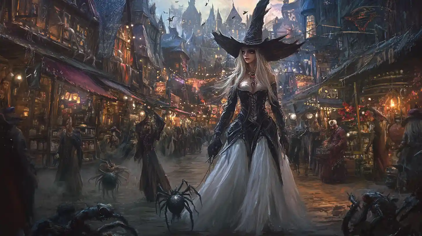 Tall white witch walking through a crowded fantasy market