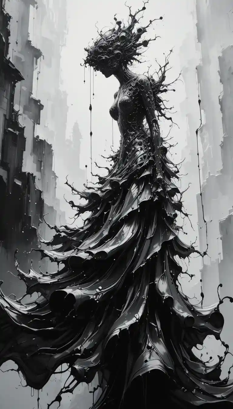 Abstract fashion woman in liquid metal dress from below