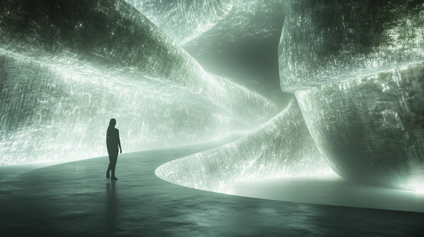 Lone figure walking through luminous data river paths