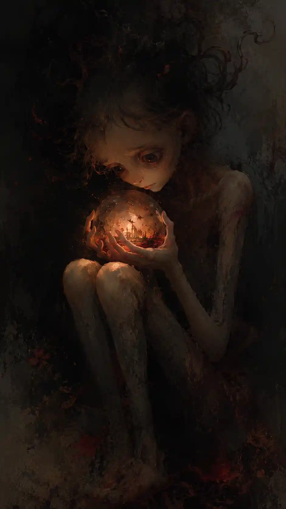 Thin figure holding a glowing ember in darkness