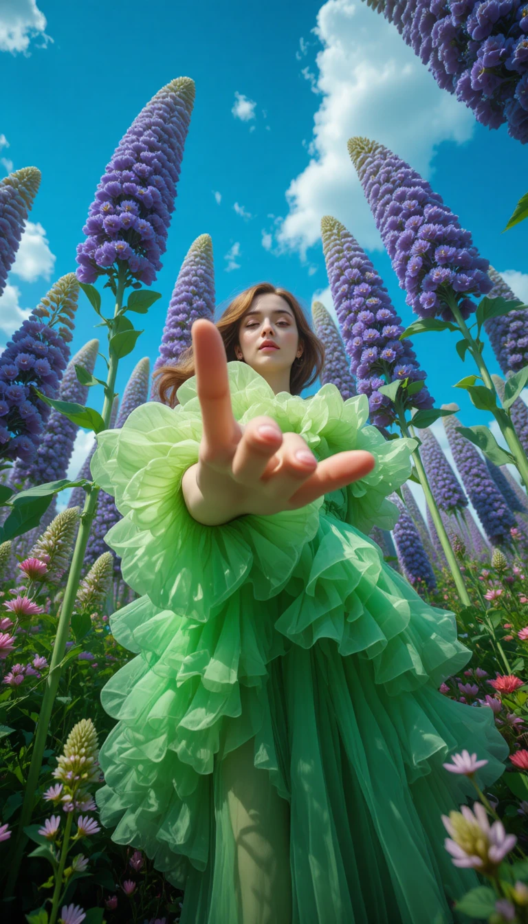 Young woman reaching out among towering garden flowers