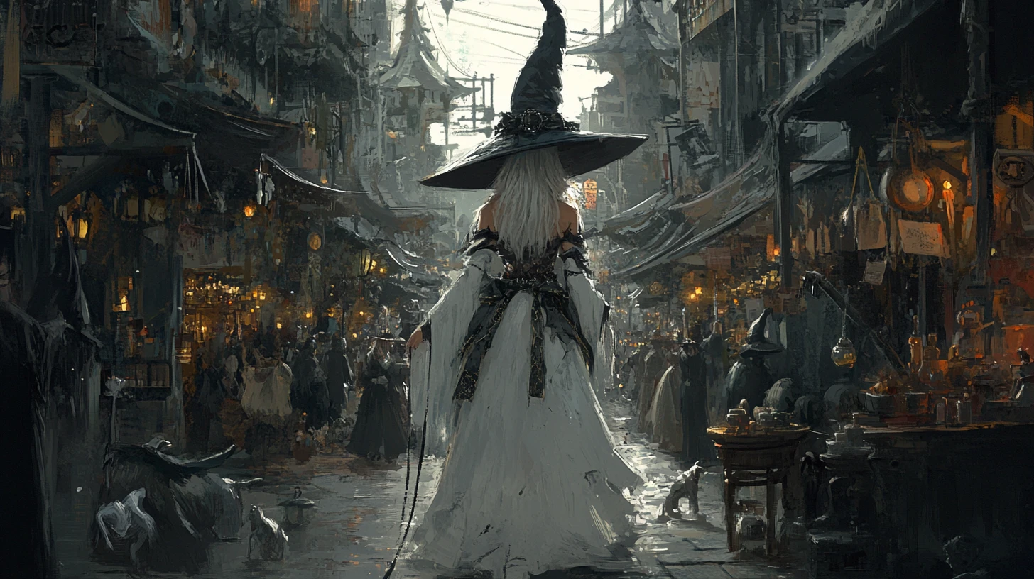 Tall white witch walking through a crowded market