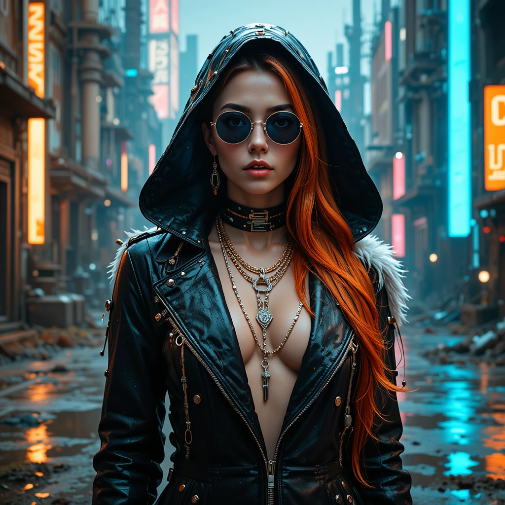 Cyberpunk fashion heroine in a futuristic neon city
