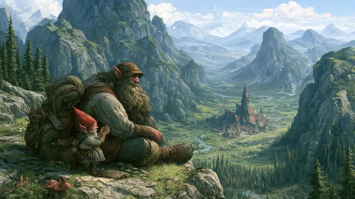Giant And Gnome Overlooking A Distant Elven Valley