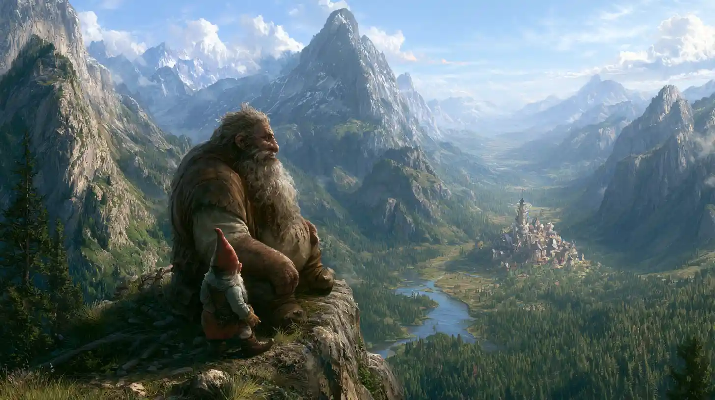 Giant And Gnome Overlooking A Distant Elven Valley