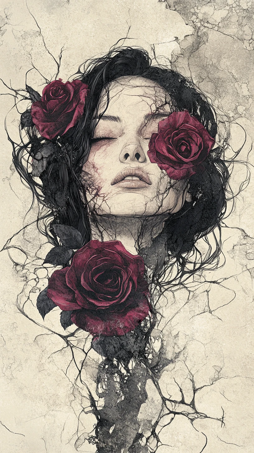 Visage de femme fusionné avec des roses à l’encre et à l’aquarelle