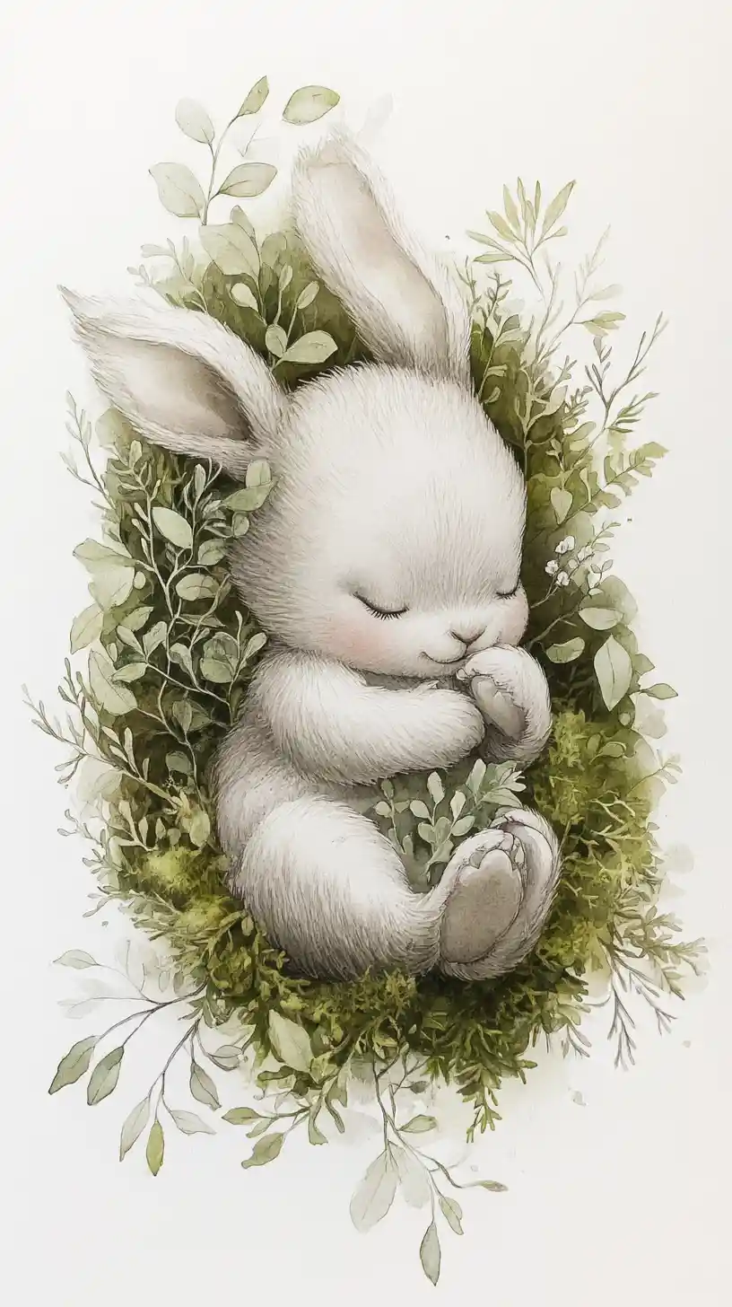 Whimsical Bear Rabbit Hybrid Curled On Mossy Forest Floor