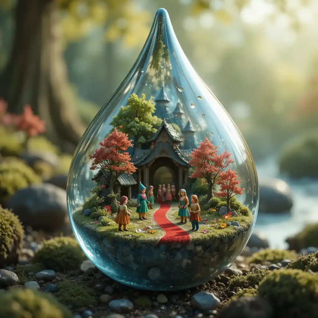 Miniature elf world inside a single water droplet