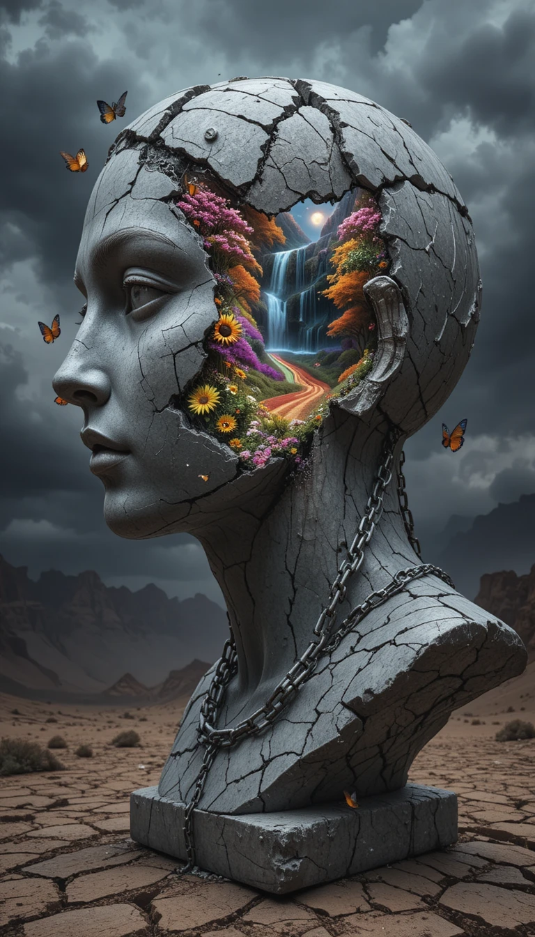 Surreal stone statue head revealing a vibrant inner world