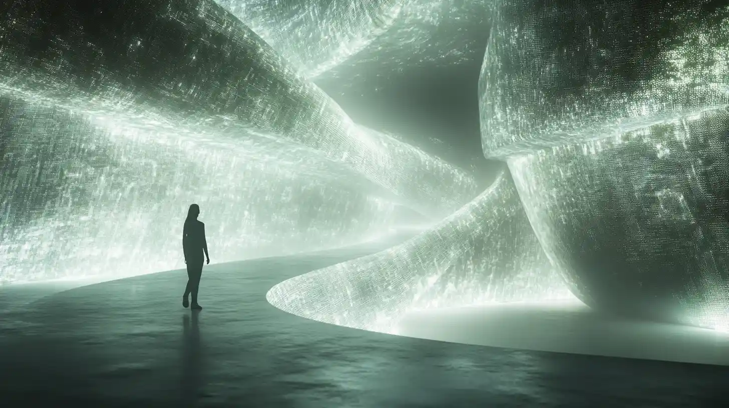 Lone figure walking through luminous data river paths