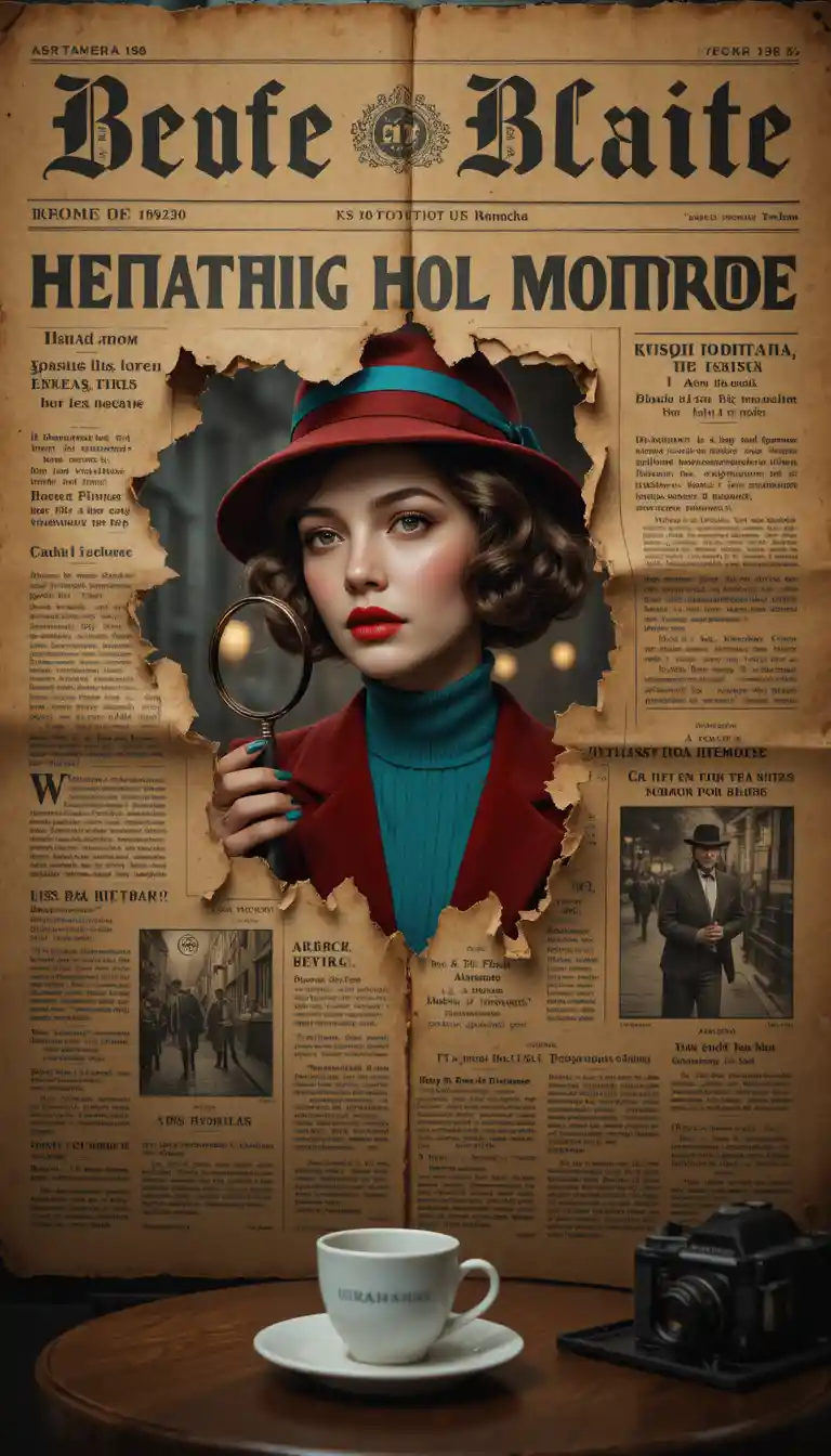 Female detective peering through torn russian newspaper in paris
