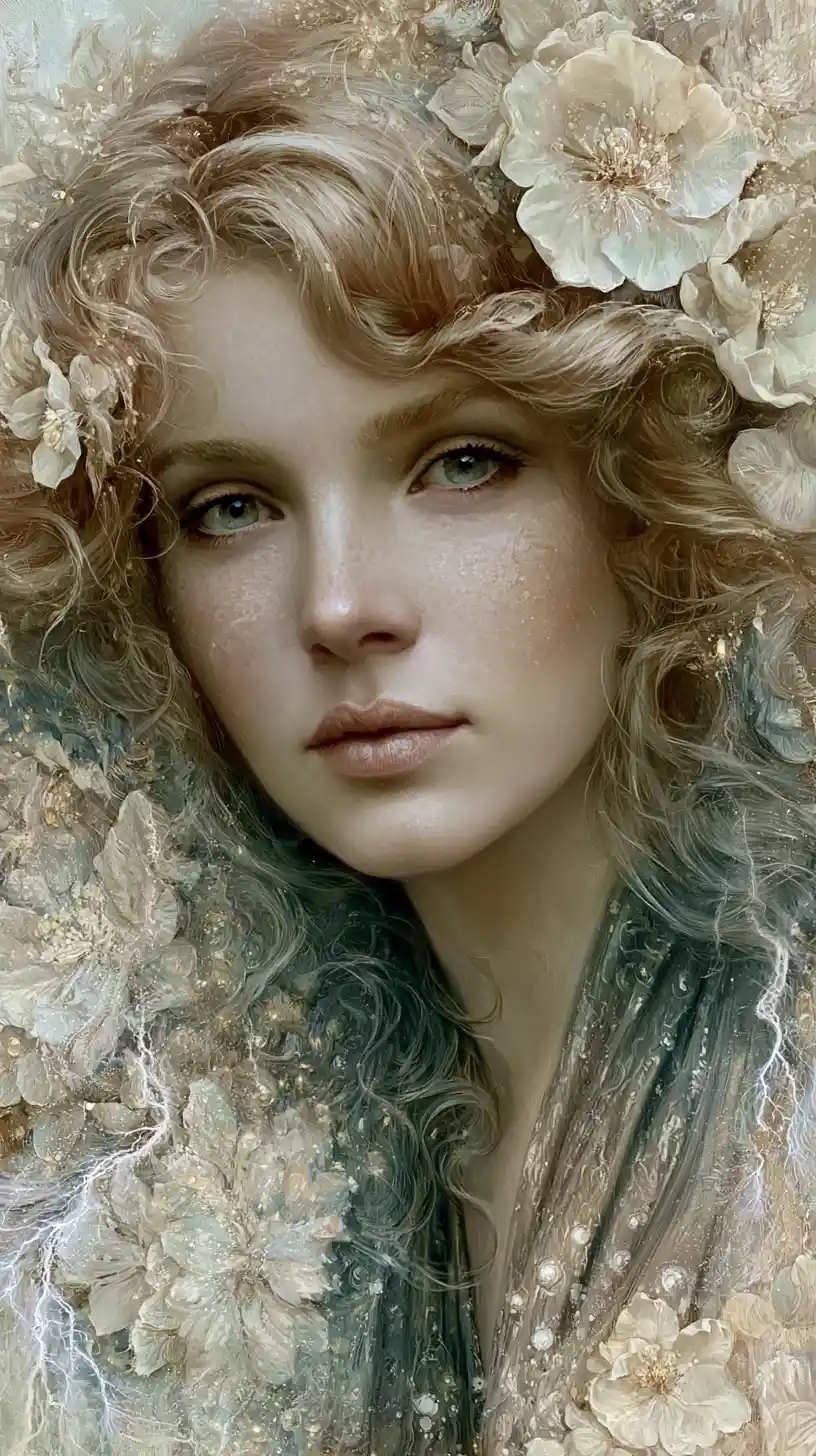 Ethereal princess in glowing fantasy flowers and lightning