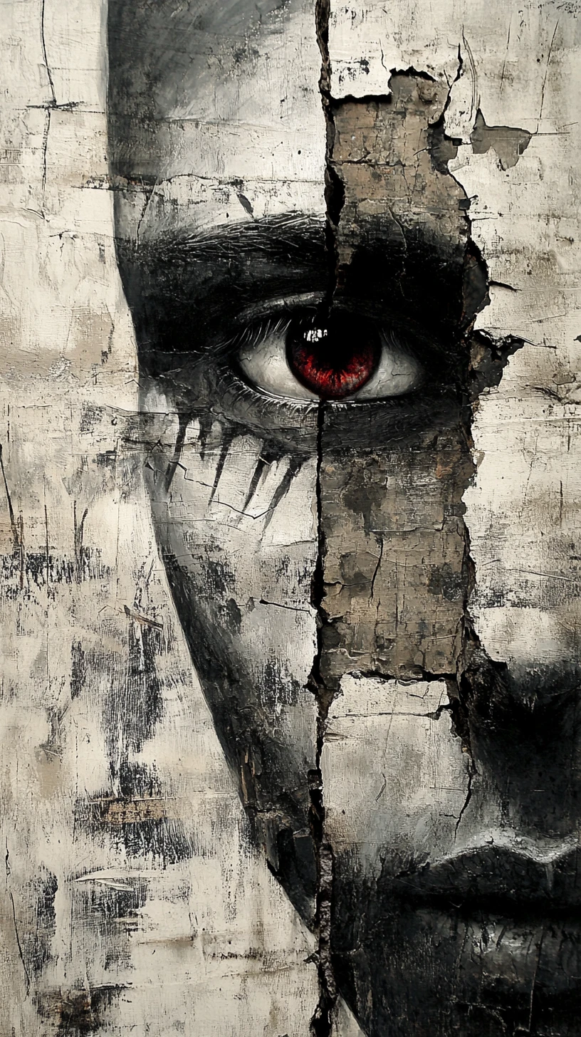 Fragmented monochrome face with one distant introspective eye