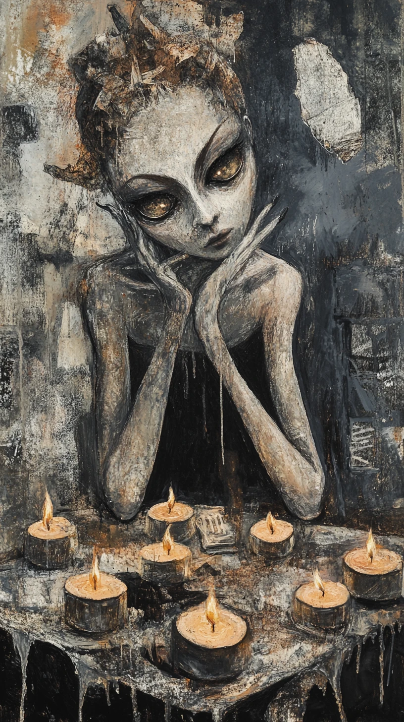 Woman with reflective eyes guarding melting memory candles