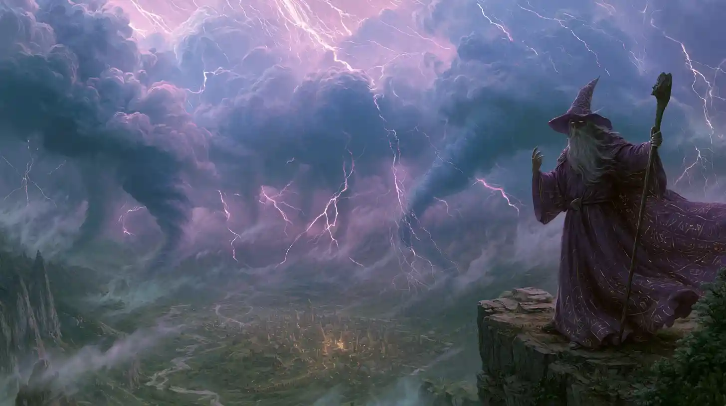 Dark wizard summoning a massive storm above valley
