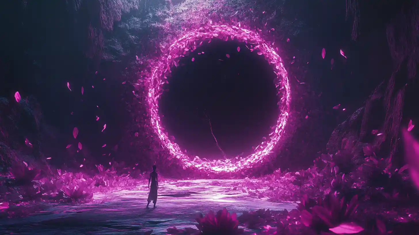 Lone figure reaching for a glowing circular reality tear