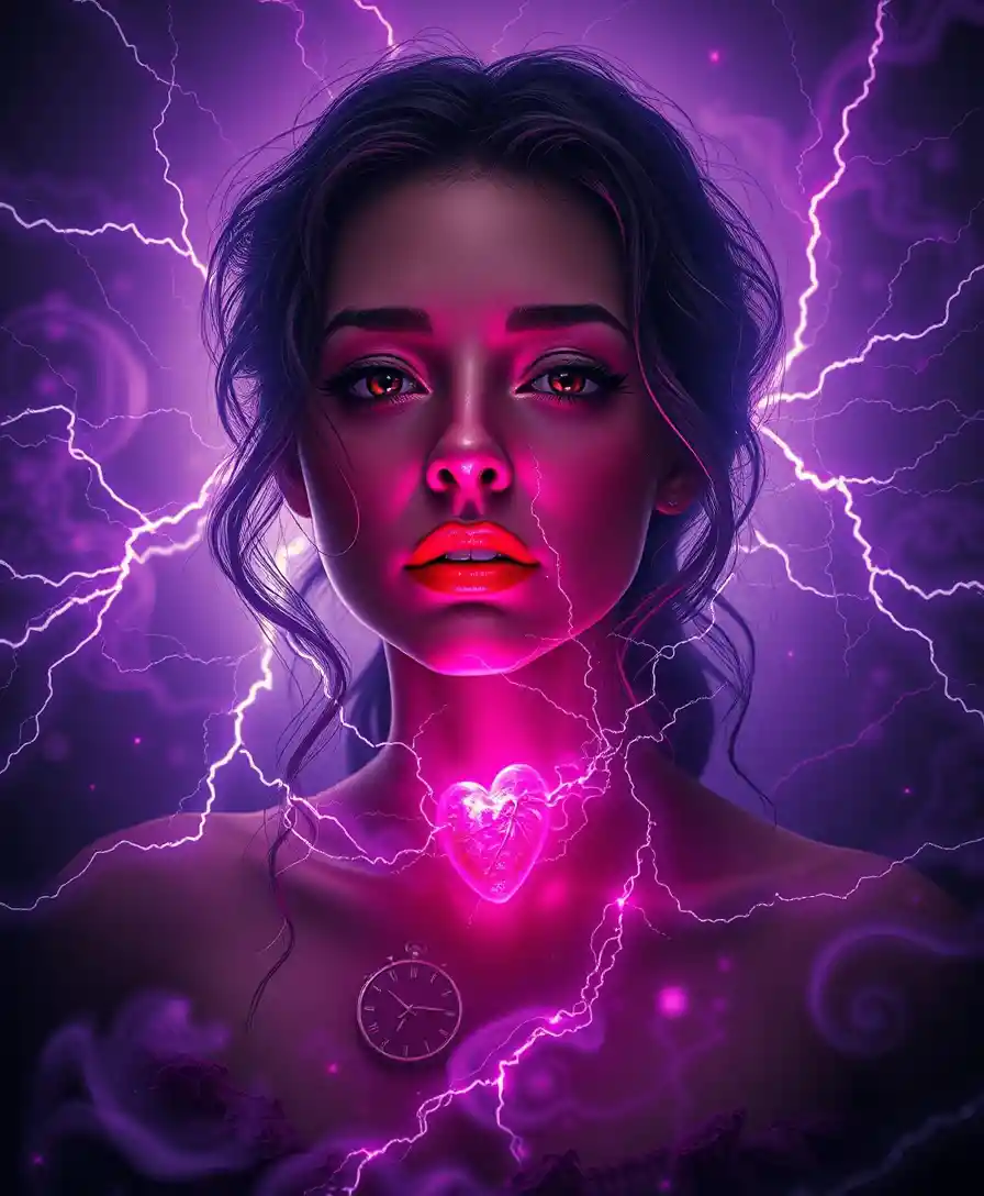 Ethereal woman holding a glowing heart in surreal abyss