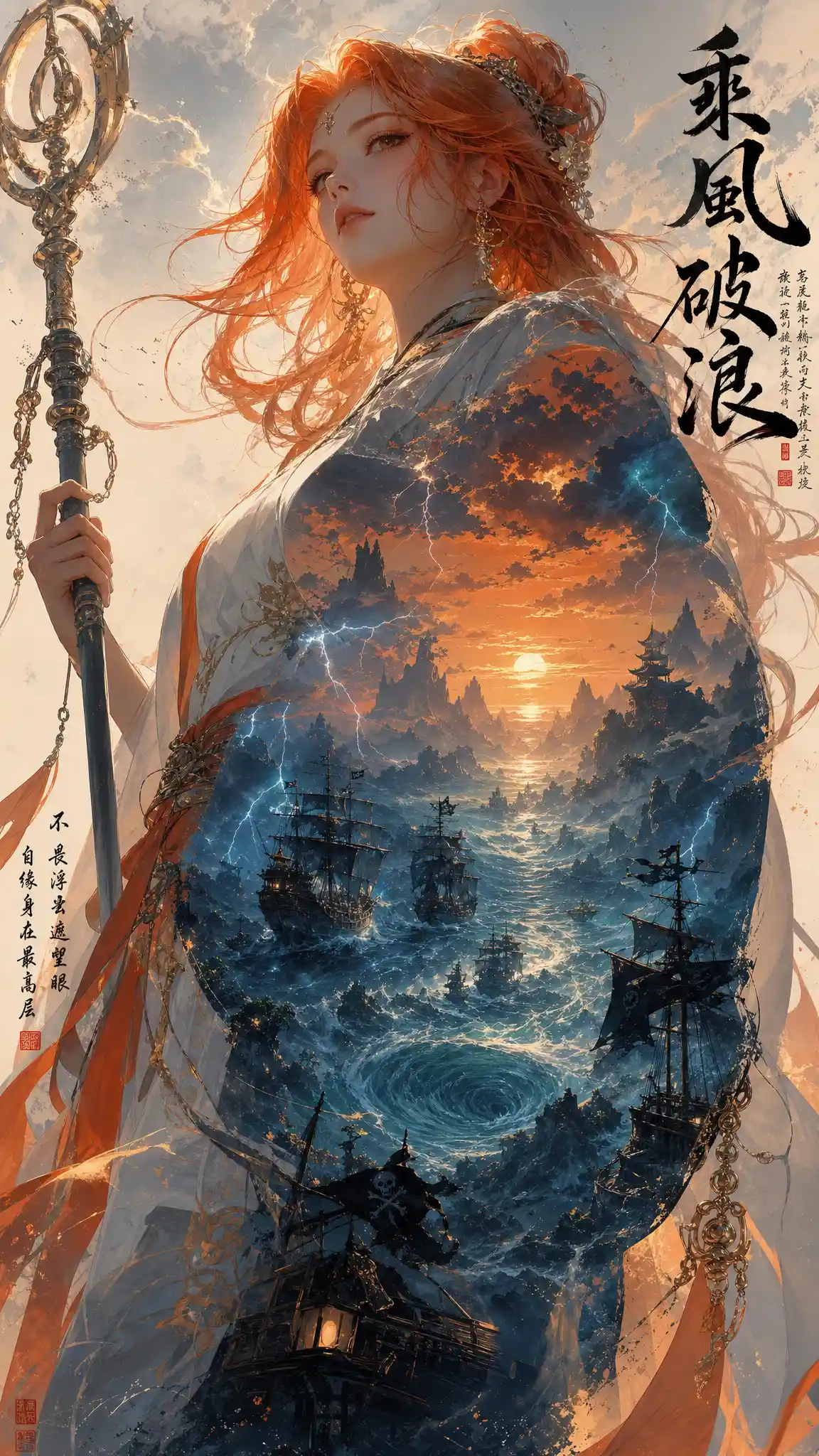 Elegant orange haired woman with staff in surreal seascape