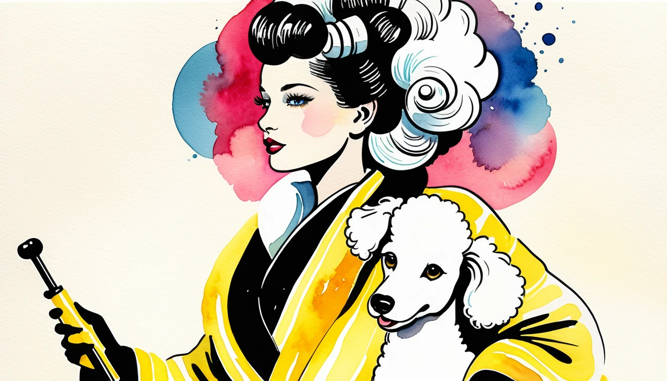 Elegant poodle in yellow bathrobe with salon hair curlers