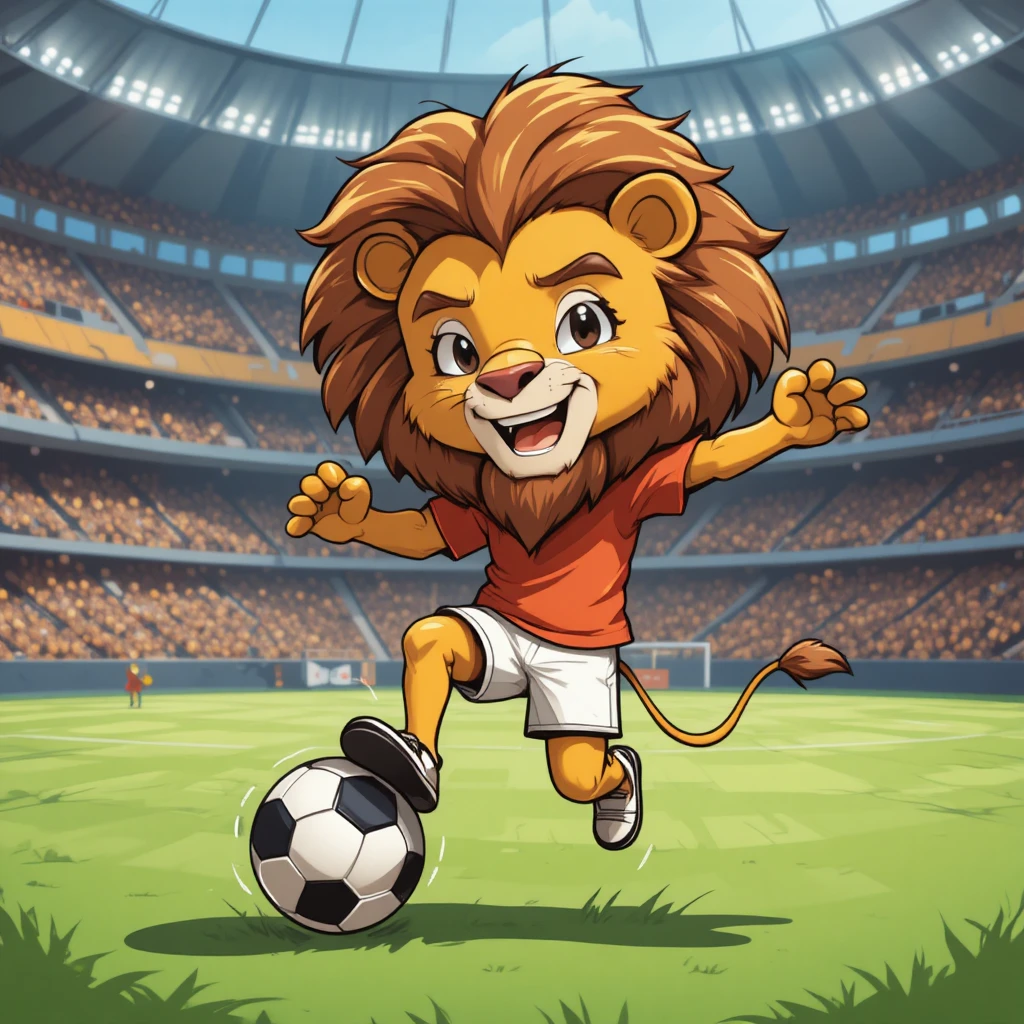 Cute cartoon lion kicking a soccer ball in stadium